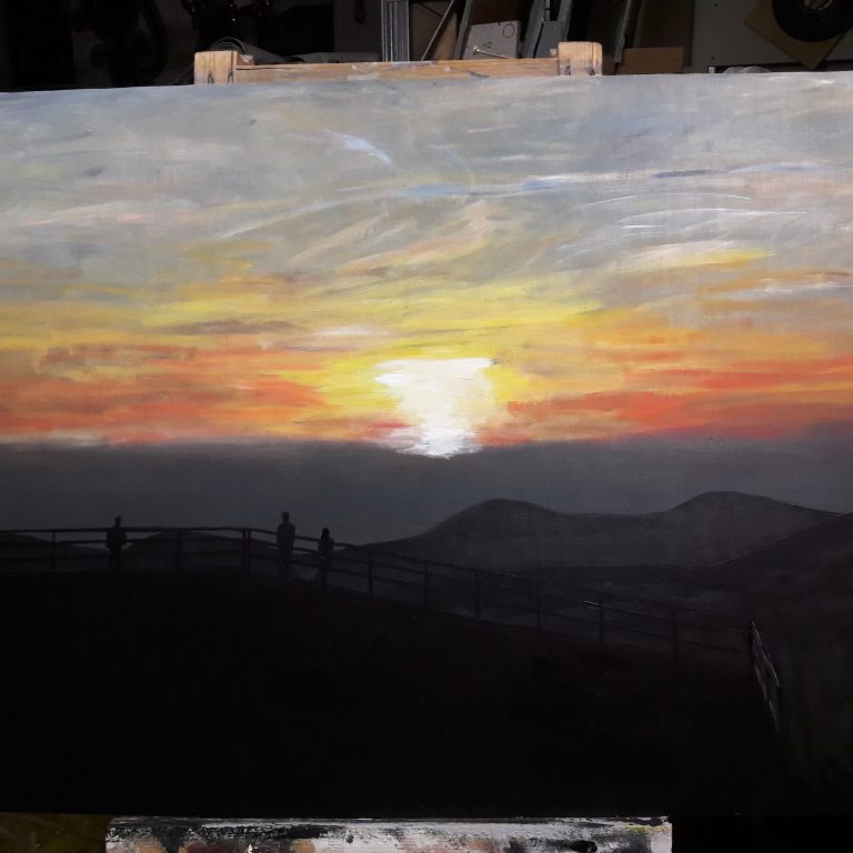 Východ slunce z Lysé hory, akryl na překližce 130x70 cm