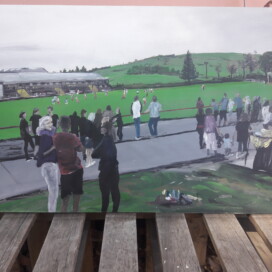 Dívám se, jak se dívají na fotbal, akryl, sololit 100x60 cm Dívám se, jak se dívají na fotbal, akryl, sololit 100x60 cm